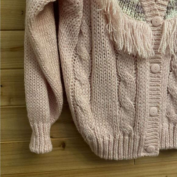 Vintage Diversity Size Large Coquette Girl Floral Fringe Baby Pink Cardigan - Picture 8 of 13
